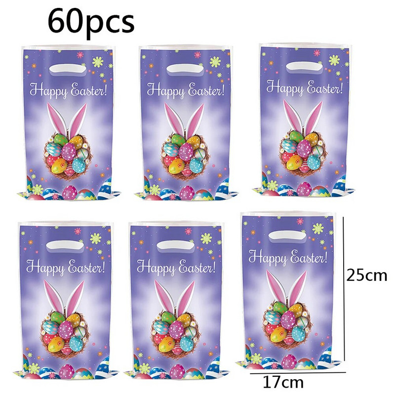 60 vnt., 2024 m. Linksmų Velykų triušio zuikis, daugkartinis užkandis Goody saldainių maišelisDovanų maišeliai su rankenomis Plastikinis saldainių maišelis Purpurinis