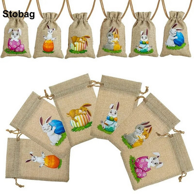 Stobag 5τμχ Καλό Πάσχα Μικρές λινές τσάντες με κορδόνι κουνέλι Πακέτο τσέπης Παιδικά καραμέλα Συσκευασία δώρου Επαναχρησιμοποιούμενες θήκες Διακόσμηση