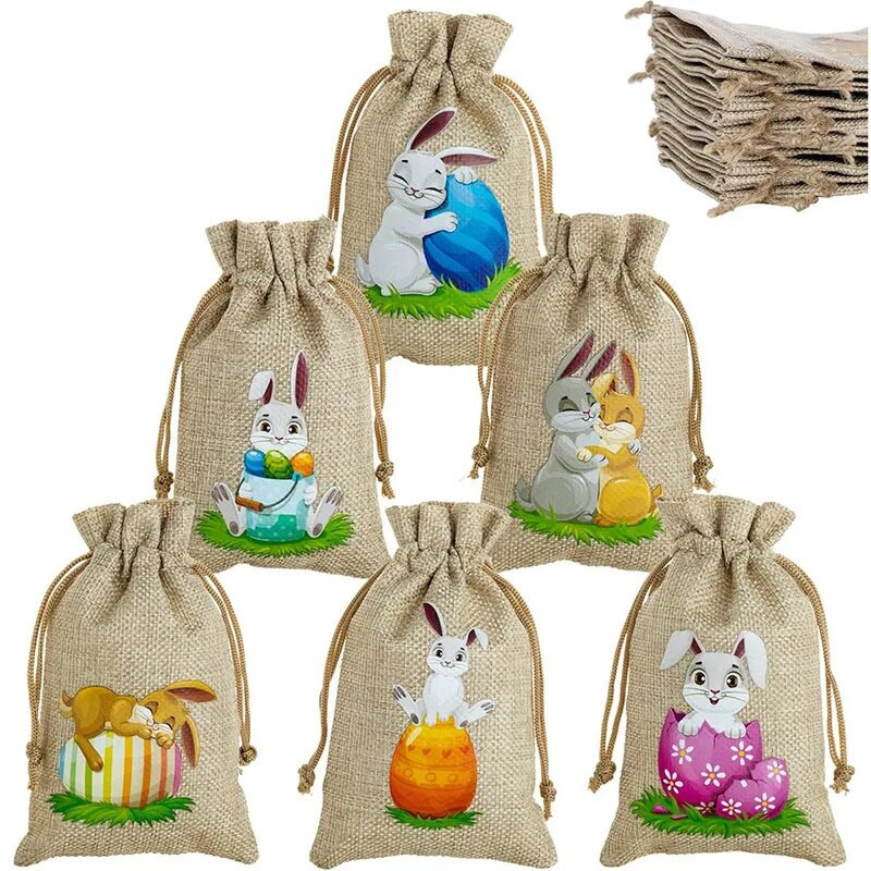 StoBag 5tk Rõõmsaid lihavõtteid Väikesed linasest nöörist kotid Jänesekimp Tasku lastele Kommid Kingipakend Korduvkasutatavad kotid Kaunistus