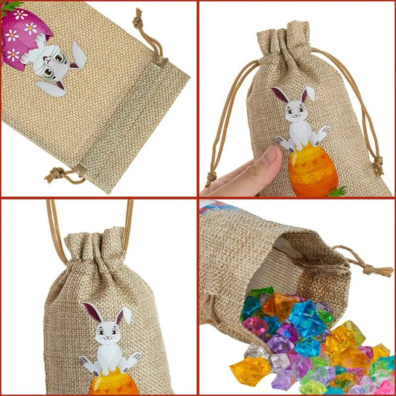 StoBag 5tk Rõõmsaid lihavõtteid Väikesed linasest nöörist kotid Jänesekimp Tasku lastele Kommid Kingipakend Korduvkasutatavad kotid Kaunistus