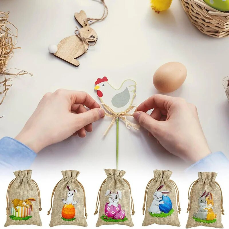 StoBag 5tk Rõõmsaid lihavõtteid Väikesed linasest nöörist kotid Jänesekimp Tasku lastele Kommid Kingipakend Korduvkasutatavad kotid Kaunistus