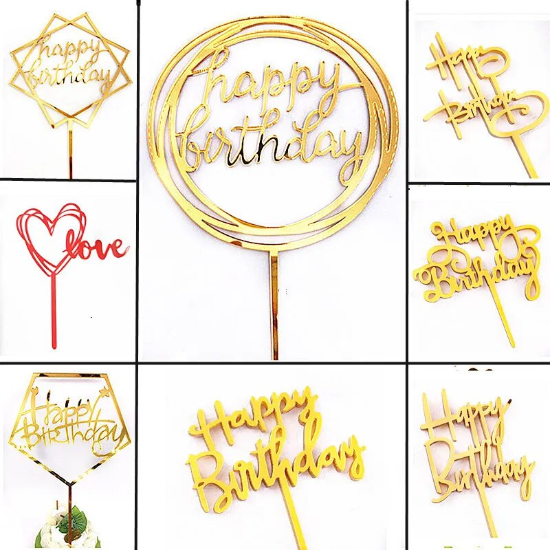 10 gab. 36 stili Happy Birthday Cake Topper Rozā zelta Akrila kūkas pildspalvas Baby Shower Cake Birthday Party Kūkas karoga rotājumi