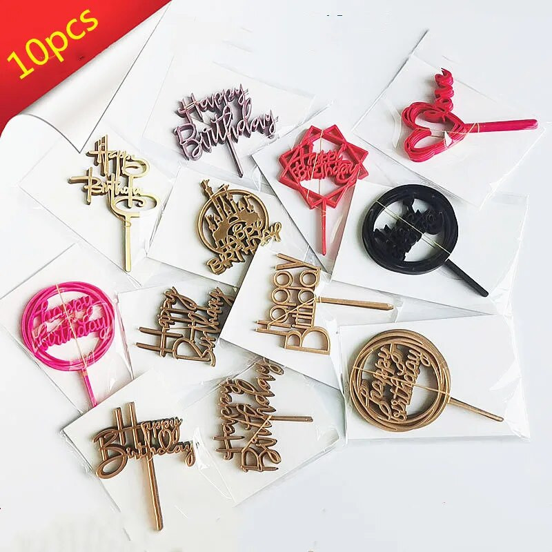 10 gab. 36 stili Happy Birthday Cake Topper Rozā zelta Akrila kūkas pildspalvas Baby Shower Cake Birthday Party Kūkas karoga rotājumi