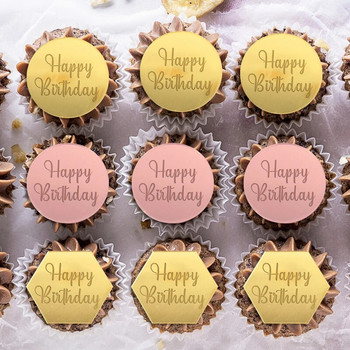 10 бр. Розово злато Декорация на торта за парти за рожден ден Акрилни кръгли топери за торта Честит рожден ден Подарък Декор Кекс Аксесоари за десерт