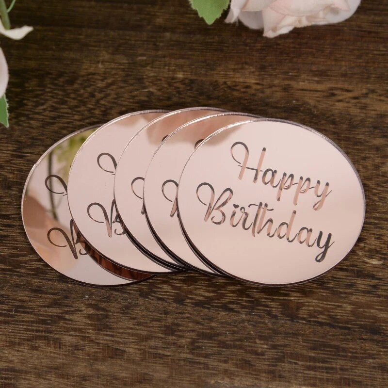 10 tk Rose Gold Sünnipäevapeo tordikaunistus Akrüülist ümmargused koogikatted Palju õnne sünnipäevaks kingituseks kaunistus tassikoogi magustoidu tarvikud