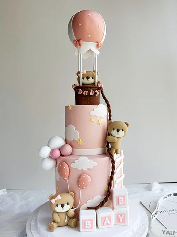 Διακοσμήσεις τούρτας γενεθλίων Χαριτωμένα ροζ μπλε αρκούδα μπάλες τρένου Insert Cake Topper Boy Girl 1st Birthday party baby shower Supplies