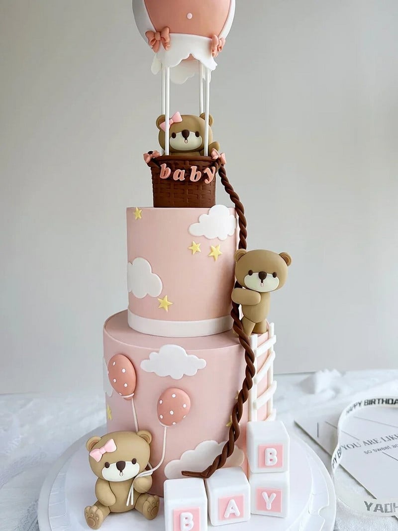 Decoratiuni pentru tort de aniversare, drăguț, roz, urs albastru, bile de tren, inserare, pentru tort, băiat, fată, 1-a aniversare, pentru baby shower