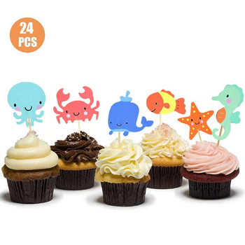 24 τμχ Ocean Animal Cupcake Toppers Under the Sea Party Cake Flags Boy Baby Shower Γοργόνα Διακοσμήσεις τούρτας γενεθλίων