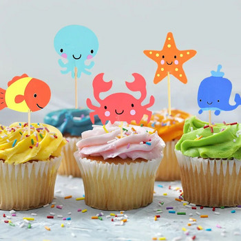 24 бр. Ocean Animal Cupcake Toppers Under the Sea Party Cake Flags Boy Baby Shower Mermaid Theme Birthday Party Cake Decorations