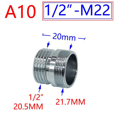 Ezüst 1/2"/M16/M17/M18/M19/M20/M22/M24/M28/M32 menetes csatlakozó sárgaréz adapter vízcsap réz idomokhoz