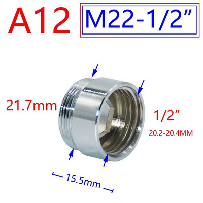 Ezüst 1/2"/M16/M17/M18/M19/M20/M22/M24/M28/M32 menetes csatlakozó sárgaréz adapter vízcsap réz idomokhoz