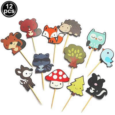 Decoratune pentru tort din pădure Sărbători pentru animale Coș de bambus Vulpe Arici Cupcake Topper Iepure Figură Păpușă Favoruri de naștere pentru copii