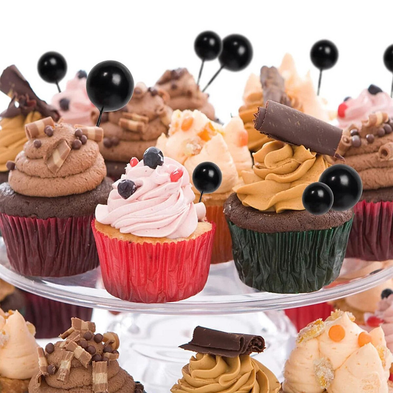 30 DB Balls Cake Topper DIYCake Betét Toppers Golyós Cupcake Topper Születésnapi Party Baby Shower Esküvői torta dekorációhoz (fekete)