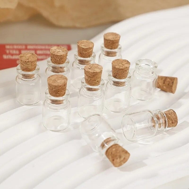 20/10 vnt Mini stikliniai buteliai su kamštiniu kamščiu, permatomas palinkėjimų butelis „pasidaryk pats“ Vestuvių gimtadienio puošmena