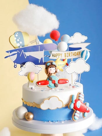 Cartoon Cloud Airplane Cake Topper Fighter Windmill Boy Pilot Happy Birthday Party for Kid Party Στολισμός τούρτας Γλυκά δώρα