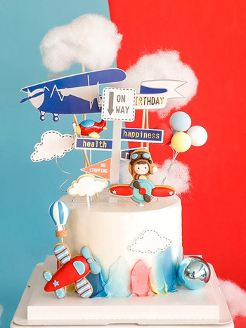 Cartoon Cloud Airplane Cake Topper Fighter Windmill Boy Pilot Happy Birthday Party for Kid Party Στολισμός τούρτας Γλυκά δώρα