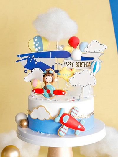 Desen animat nor Avion Cake Topper Luptător Moara de vânt Băiat Pilot Petrecere La mulți ani pentru petrecere pentru copii Decorare tort Cadouri dulci