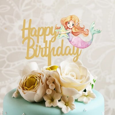 New Mermaid Happy Birthday Cake Topper Сладка анимационна златна акрилна детска торта за парти за рожден ден Десертна декорация Baby Shower