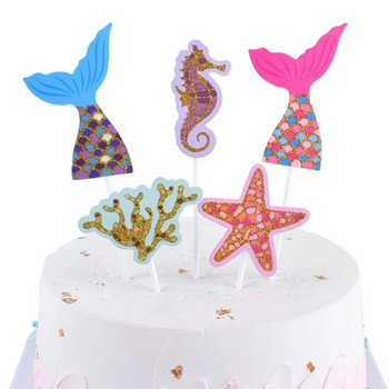 6 бр. Русалка Морска звезда Cake Topper Decor Mermaid Cupcake Topper за Честит рожден ден Baby Shower Сватбена торта Консумативи за парти