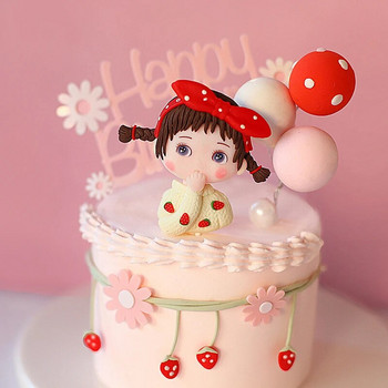 Сладко розово момиче Cake Topper Soft Taupo Point Bow Strawberry Игрива детска кукла Plug-in Party Dessert Cake Decoration Dress Up