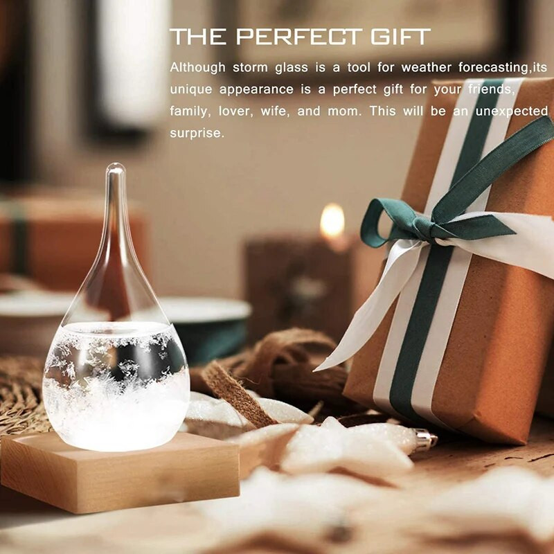 Átlátszó csepp alakú viharüveg időjárás-előrejelző palackok Dekoratív barométer palack fa alappal ajándékba