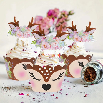 12/24 бр. Карикатура Sika Deer Cupcake Wrapper Antlers Paper Cake Toppers Merry Christmas Xmas New Year Birthday Party Decoration