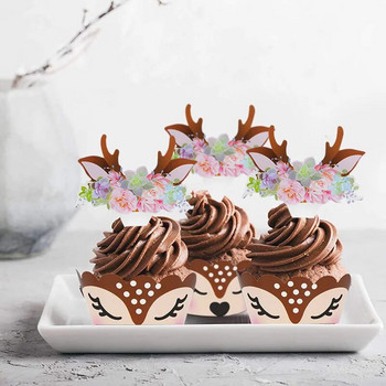 12/24 бр. Карикатура Sika Deer Cupcake Wrapper Antlers Paper Cake Toppers Merry Christmas Xmas New Year Birthday Party Decoration