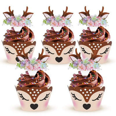 12/24 komada Crtić Sika Deer Cupcake Omot Rogovi Papirnati vrhovi za torte Sretan Božić Božić Nova godina Rođendanska dekoracija