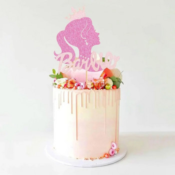 1/3 бр. Блестяща горещо розова торта за момичета за Барби Комплект Блестяща торта с глава на кукла за момиче Декорация за дамско парти за рожден ден