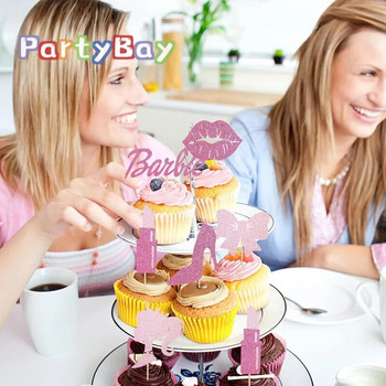 1/3 бр. Блестяща горещо розова торта за момичета за Барби Комплект Блестяща торта с глава на кукла за момиче Декорация за дамско парти за рожден ден