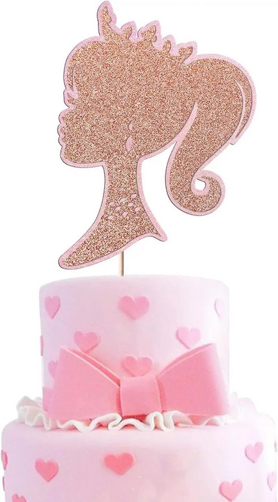 1/3 tk Glitter Hot Pink Tüdrukute koogipealne Barbie SetGlitter Doll Head koogikatted tüdrukute sünnipäevapeo kaunistamiseks