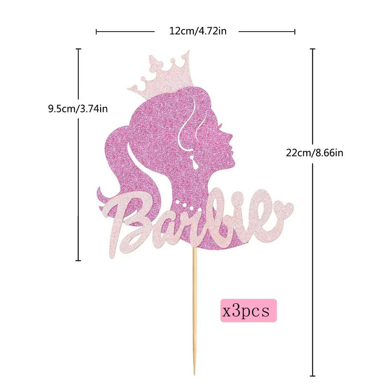 1/3 tk Glitter Hot Pink Tüdrukute koogipealne Barbie SetGlitter Doll Head koogikatted tüdrukute sünnipäevapeo kaunistamiseks