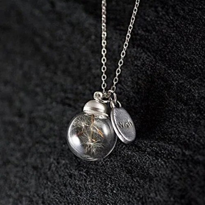 Kerek gömb pitypang szárított virág medál nyaklánc varázsa természetes gyermekláncfű üveggolyó átlátszó Lucky Wish üvegfiola ékszer