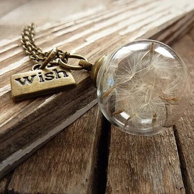Kerek gömb pitypang szárított virág medál nyaklánc varázsa természetes gyermekláncfű üveggolyó átlátszó Lucky Wish üvegfiola ékszer