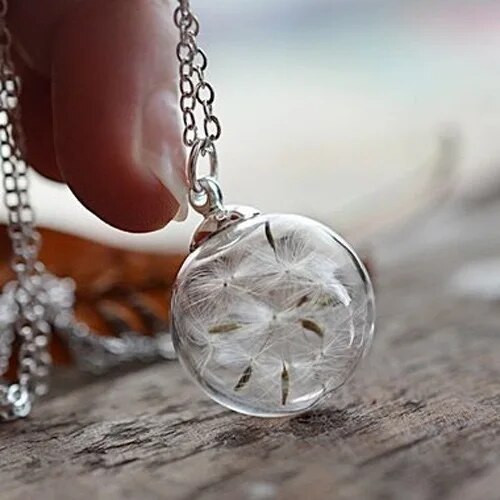 Kerek gömb pitypang szárított virág medál nyaklánc varázsa természetes gyermekláncfű üveggolyó átlátszó Lucky Wish üvegfiola ékszer