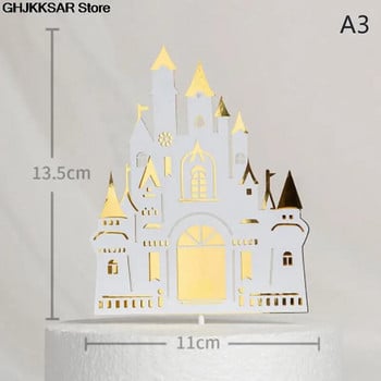 Castle Princess Cake Topper за сватбени консумативи за печене Парти декорация Акрилна годишнина за Свети Валентин Baby Love Gift Торта Флаг