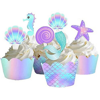40 τμχ Mermaid Party Cupcake Toppers Wrappers Mermaids Διακόσμηση τούρτας Baby Shower Παιδικό πάρτι γενεθλίων Στολισμός γάμου