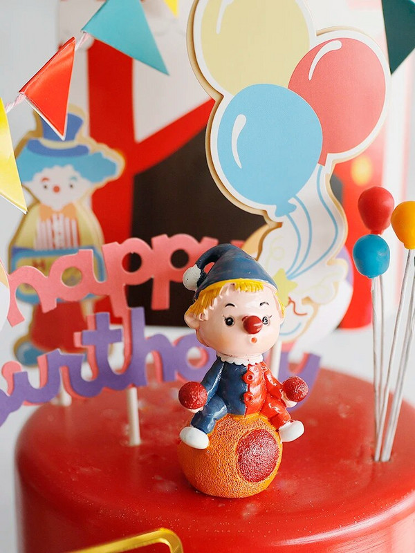 Kūdikių vaikų gimtadienio torto viršaus kostiumas Cirkas Klounas Dramblių Vakarėlis Desertinė kortelė Lėlės Tortų dekoravimo metinės