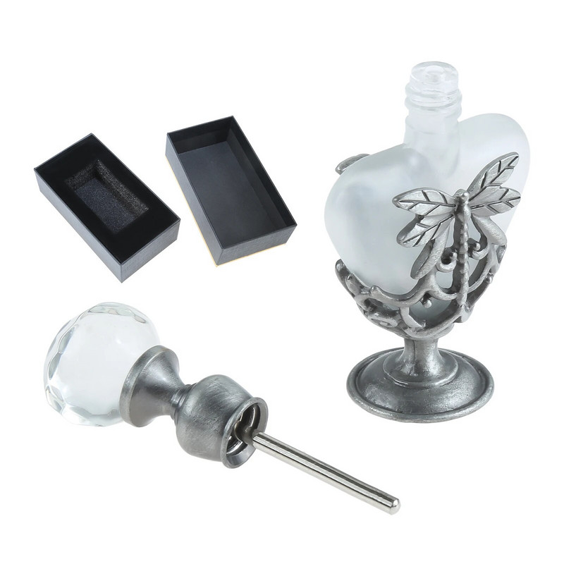 Decor Sticla din sticlă mată de epocă Metal Dragonfly în formă de inimă Recipient de parfum gol de 5 ml Capac de cristal cu ornament pentru cutie cadou