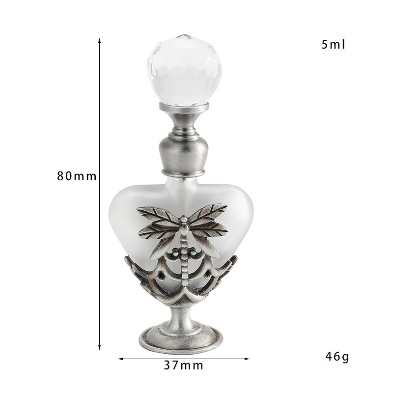 Decor Sticla din sticlă mată de epocă Metal Dragonfly în formă de inimă Recipient de parfum gol de 5 ml Capac de cristal cu ornament pentru cutie cadou
