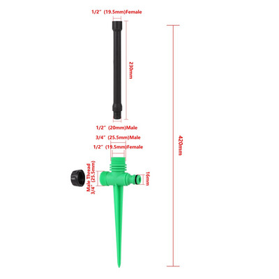 Dupla kimenetű, ütős billenő locsoló fúvóka 360 fokos forgósugaras mezőgazdasági kerti öntözőszórók 1/2"-os apa menet