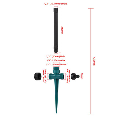 Dupla kimenetű, ütős billenő locsoló fúvóka 360 fokos forgósugaras mezőgazdasági kerti öntözőszórók 1/2"-os apa menet