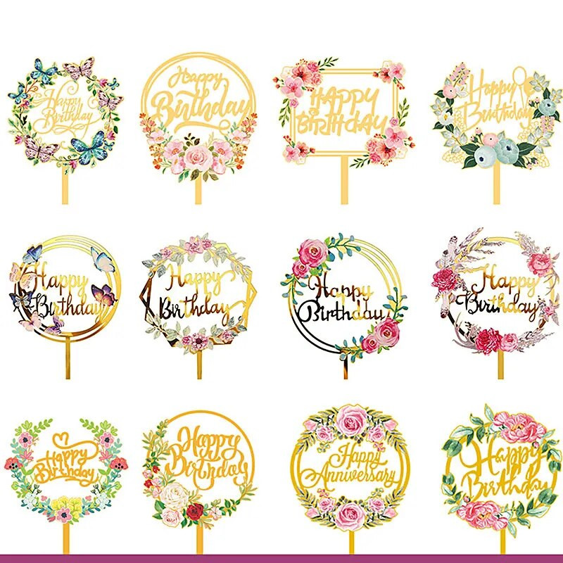 2023 Flower Plant Happy Birthday Cake Pealkiri, Kuldne 3D Akrüülist Lastepeo Magustoidu Koogipealne Baby Shower Tordikingituseks