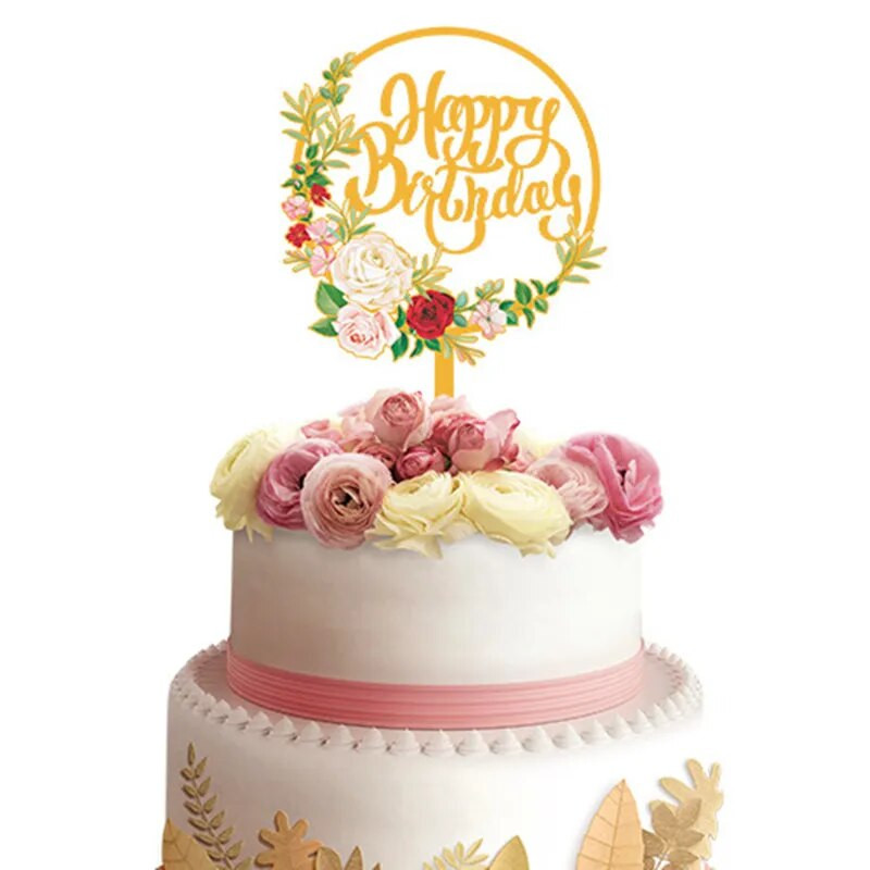 2023 Flower Plant Happy Birthday Cake Pealkiri, Kuldne 3D Akrüülist Lastepeo Magustoidu Koogipealne Baby Shower Tordikingituseks