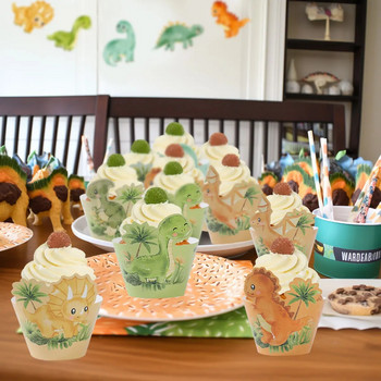 Опаковка за тарталети с динозаври Декорации за празненство Честит рожден ден Деца Вложка за торта за бебешко парти Топери Парти с динозаври Супили