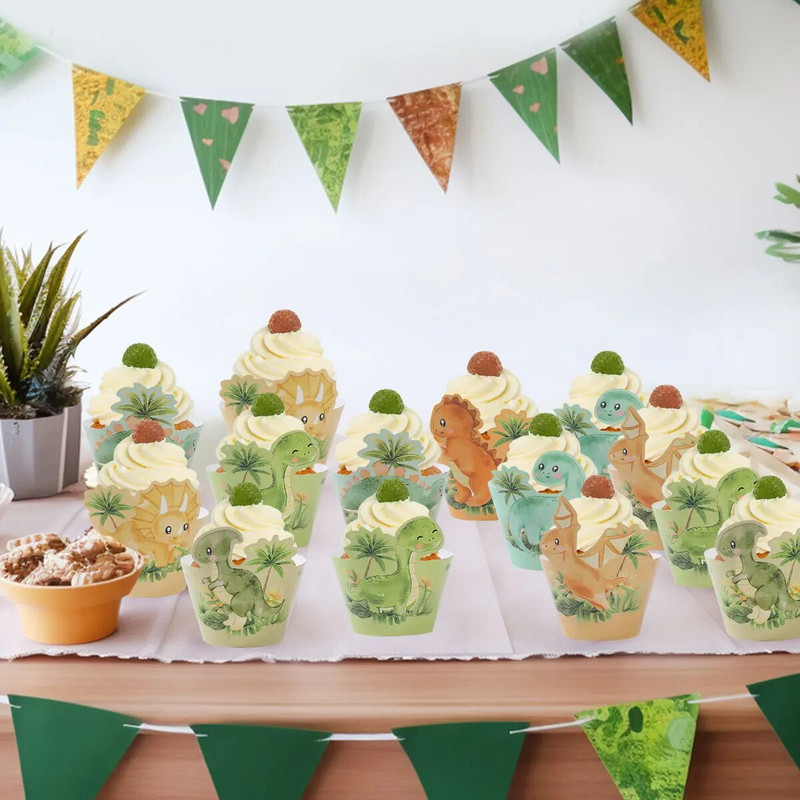 Dinoszaurusz cupcake-fóliák boldog születésnapi parti díszek gyerekeknek babaváró tortabetét dinoszaurusz party kellékek