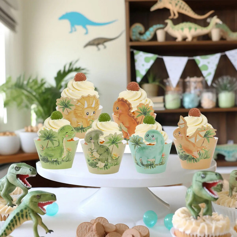 Dinoszaurusz cupcake-fóliák boldog születésnapi parti díszek gyerekeknek babaváró tortabetét dinoszaurusz party kellékek