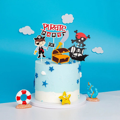 Tengeri kalóz témájú papírból készült születésnapi tortadíszek kalózkoponya hajó kormánylapátos tortafeltétek gyerekeknek Születésnapi tortadíszek