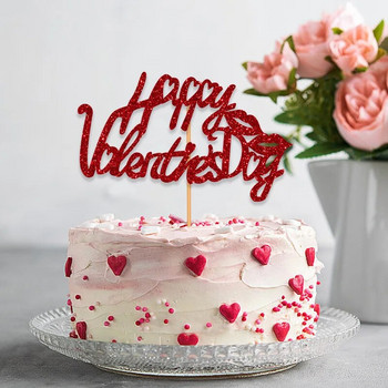 Честит Свети Валентин Покривка за торта Блясък Червено любовно сърце Цвете Писмо Покривка за торта Декорация за дома Празнувайте 14 февруари