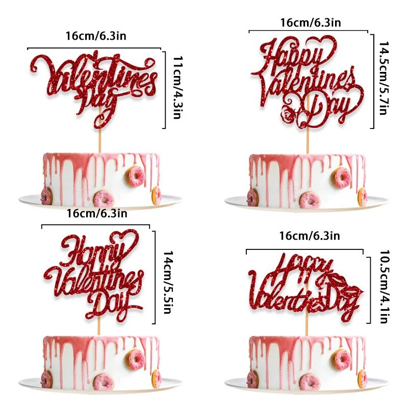 Linksmos Valentino dienos torto viršelio blizgučiai raudonai meilės širdelės gėlės laiškas Keksinio pyrago papuošimas namams Švęskite vasario 14 d.